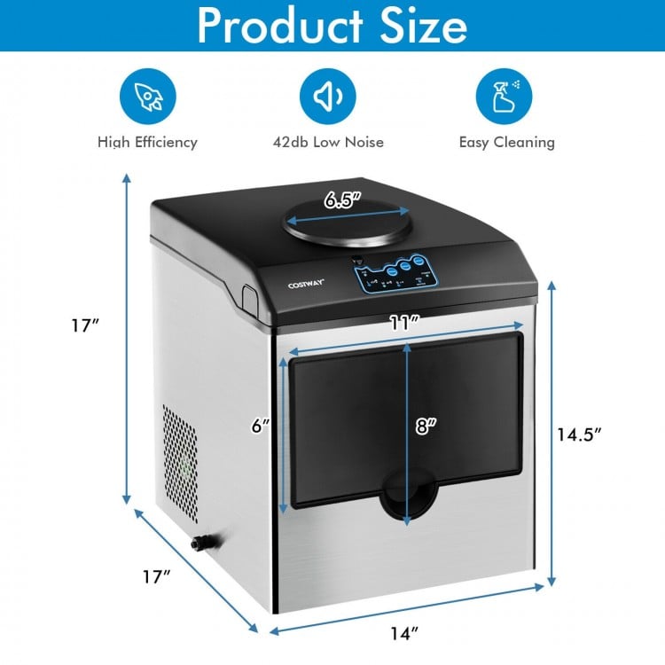 Stainless steel countertop ice maker with water dispenser, measuring 17"x14", features easy control panel and.