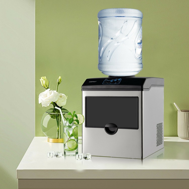 Countertop ice maker with water dispenser, stainless steel design, 48 lbs daily ice production, and extendable water.