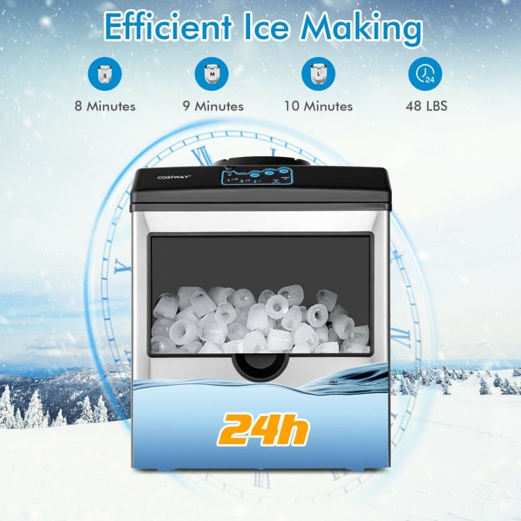 Countertop ice maker with water dispenser, stainless steel, makes 48 lbs of ice daily, ideal for home use.