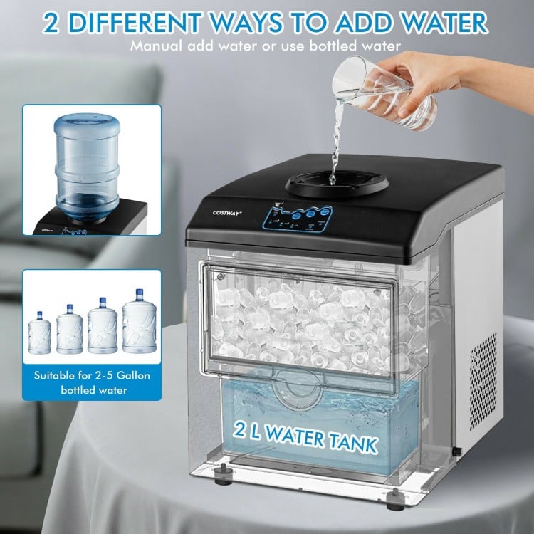 Countertop ice maker with water dispenser, stainless steel, 2-5 gallon capacity, and 48 lbs daily ice production.