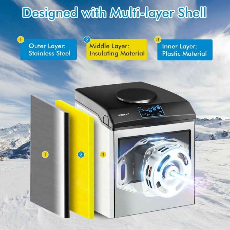 Countertop ice maker with stainless steel outer layer, showcasing multi-layer shell design for durability and.