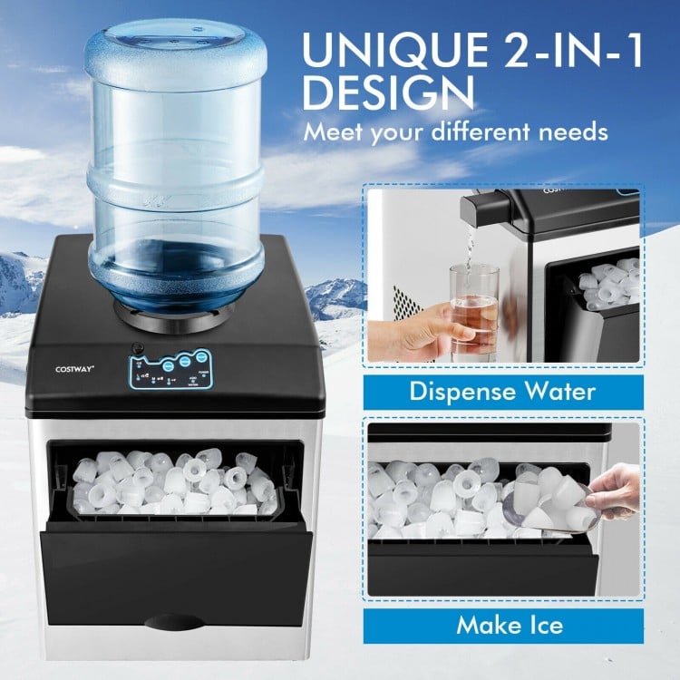 Countertop ice maker with water dispenser, stainless steel design, making 48 lbs of ice daily for convenient hydration.