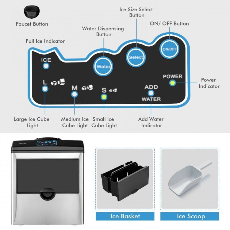 Control panel of the 2-in-1 stainless steel countertop ice maker with buttons for ice size and water dispensing.