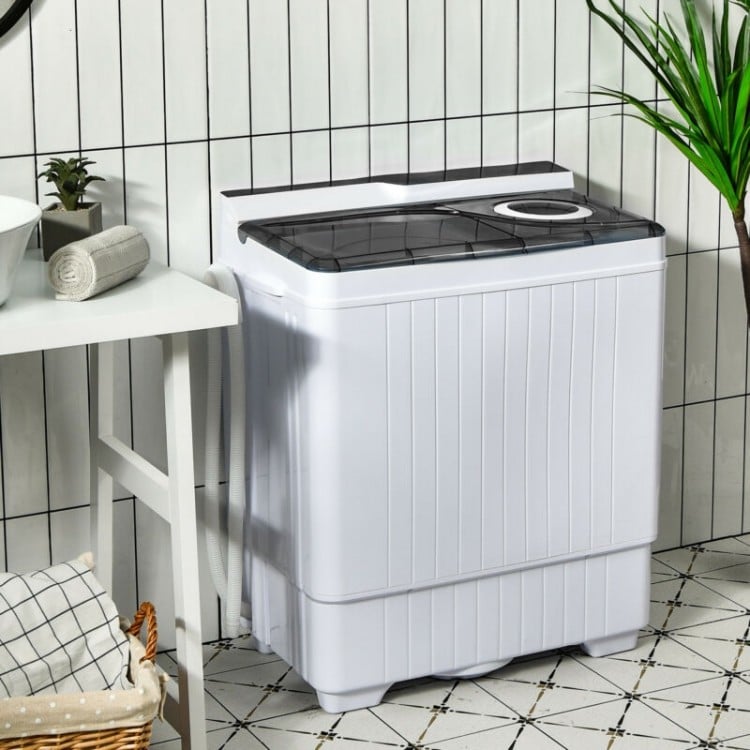 Portable semi-automatic washing machine in gray with built-in drain pump, ideal for apartments and dormitories.