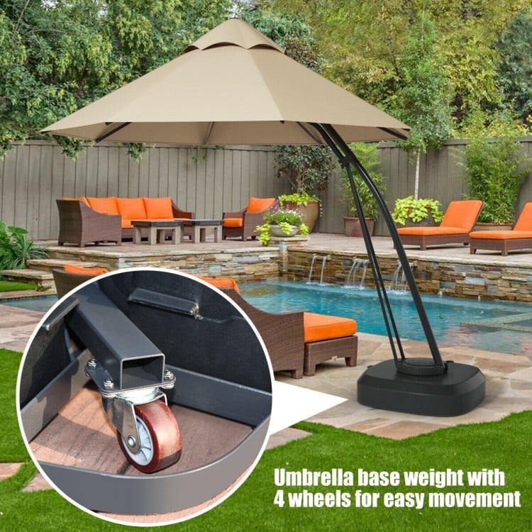 11 feet outdoor cantilever hanging umbrella with beige polyester canopy and weighted base, featuring 4 wheels for easy.