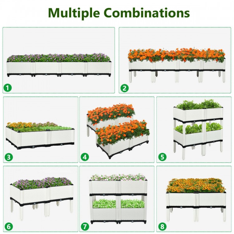 Set of 4 elevated planter boxes in white, designed for growing flowers and herbs, ideal for patios and gardens.
