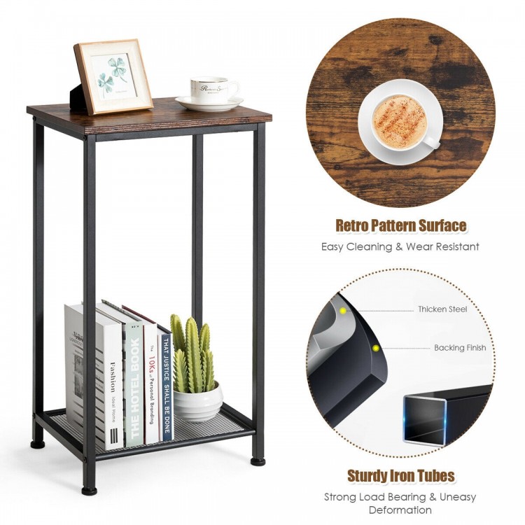 2-tier industrial end table showcasing a retro pattern surface and sturdy iron tubes, ideal for stylish organization.