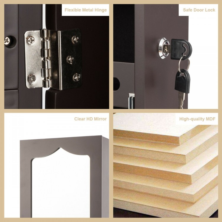 Close-up of the lock and key on the 5 LEDs lockable mirror jewelry cabinet made of high-quality MDF for secure storage.