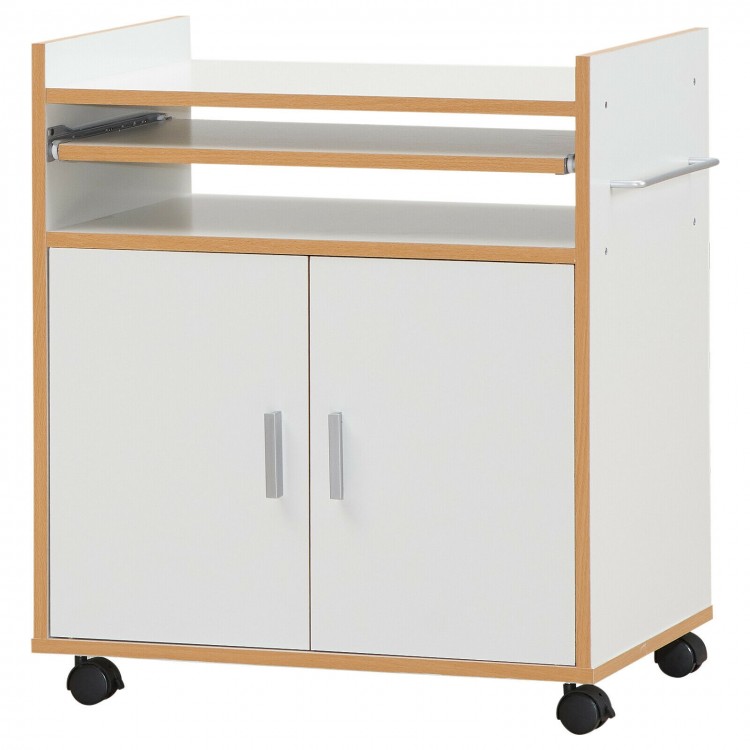 Rolling kitchen island on wheels with removable shelf, towel rack, and compact design for versatile storage solutions.