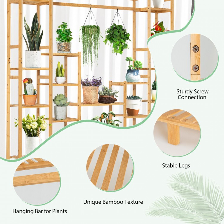 9-tier bamboo plant stand featuring sturdy screw connections and a hanging rack, ideal for displaying plants indoors or.