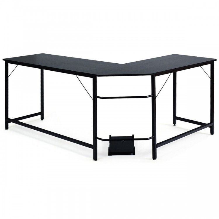 L-shaped corner computer desk in black with spacious countertop and adjustable footpads, ideal for office or gaming use.