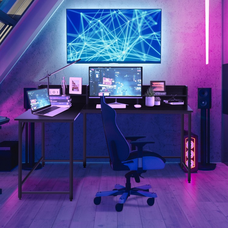 L-shaped black computer desk with large workspace, file shelf, and modern design, ideal for home office or study.