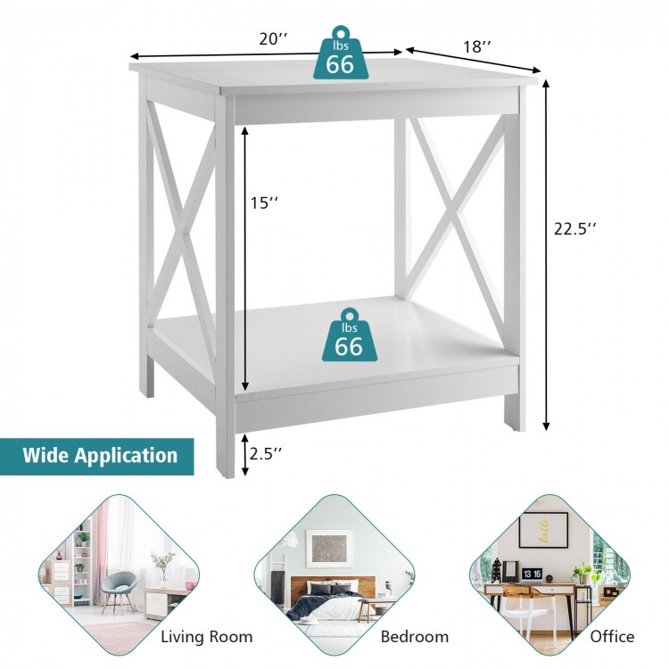 White 2-tier side table with X-shape design, featuring a wide tabletop and open shelf for versatile storage.