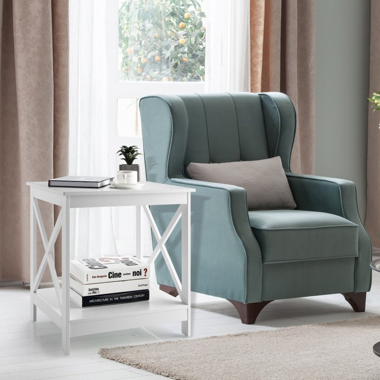 White 2-tier side table with X-shape design, featuring a wide tabletop and open shelf, perfect for living room storage.