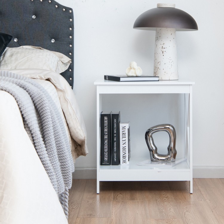 2-tier white side table with X-shape design, featuring a wide tabletop and open shelf, ideal for bedroom or living room.