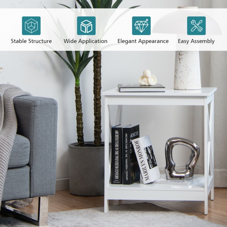 2-tier side table in white with X-shape design, featuring a wide tabletop and open shelf for versatile storage.
