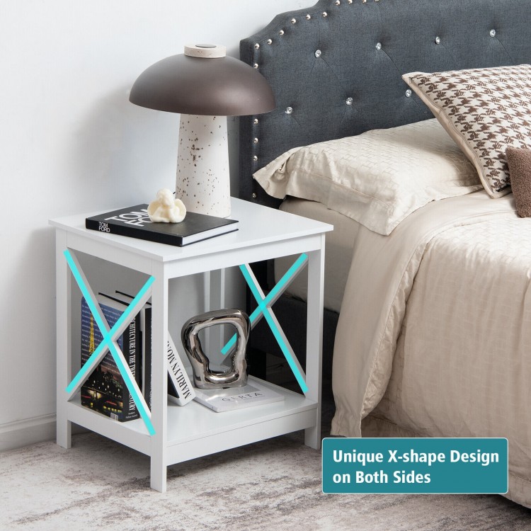 White 2-tier side table with X-shape design, stable legs, and open shelf, perfect for living room or bedroom use.