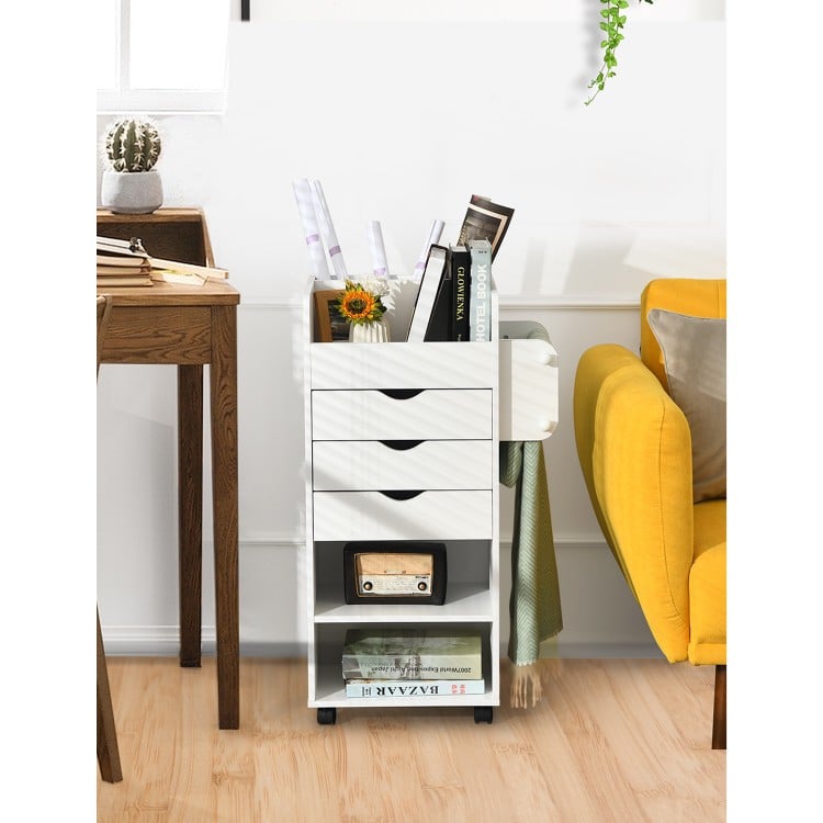 Compact white utility rolling craft storage cart showcasing two dowels and three slots for versatile organization and.
