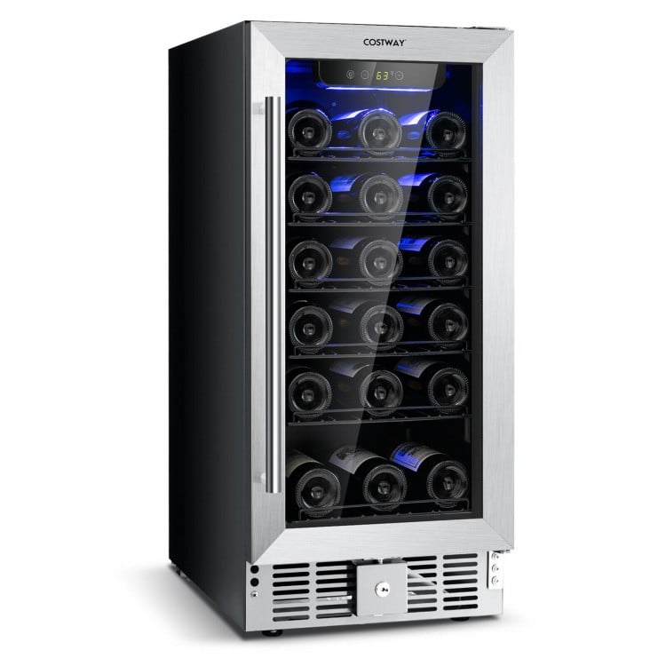 30-bottle wine cooler with stainless steel finish, blue LED light, and smart control panel for home or bar use.