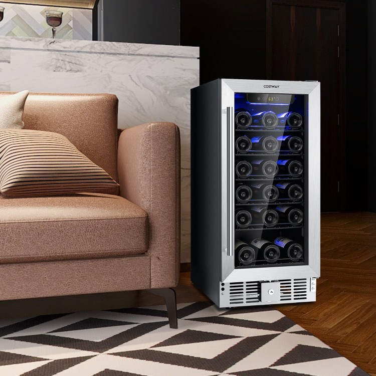 30-bottle wine cooler with stainless steel finish, blue LED light, and adjustable temperature for home or bar use.