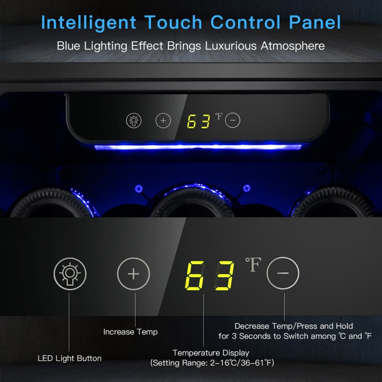 Intelligent touch control panel of a 15-inch wine cooler displaying temperature and blue LED light for ambiance.