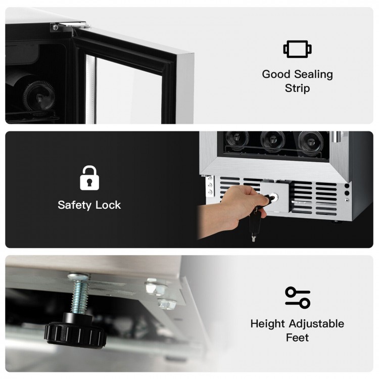 Close-up of the safety lock feature on the 15-inch wine cooler with temperature memory, ideal for secure storage.