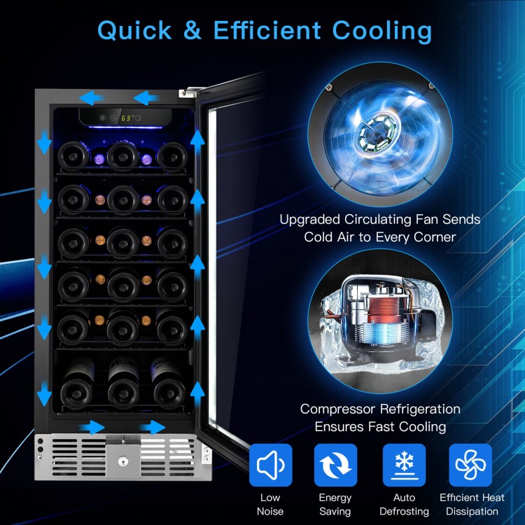 30-bottle wine cooler with stainless steel handle, blue LED light, and compressor cooling for efficient temperature.