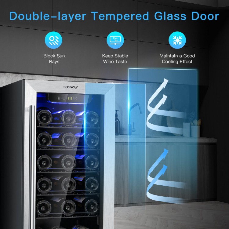 30-bottle wine cooler with double-layer tempered glass door and stainless steel handle for optimal cooling in any space.