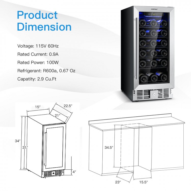 30-bottle wine cooler with stainless steel door, blue LED light, and smart control panel for home or bar use.