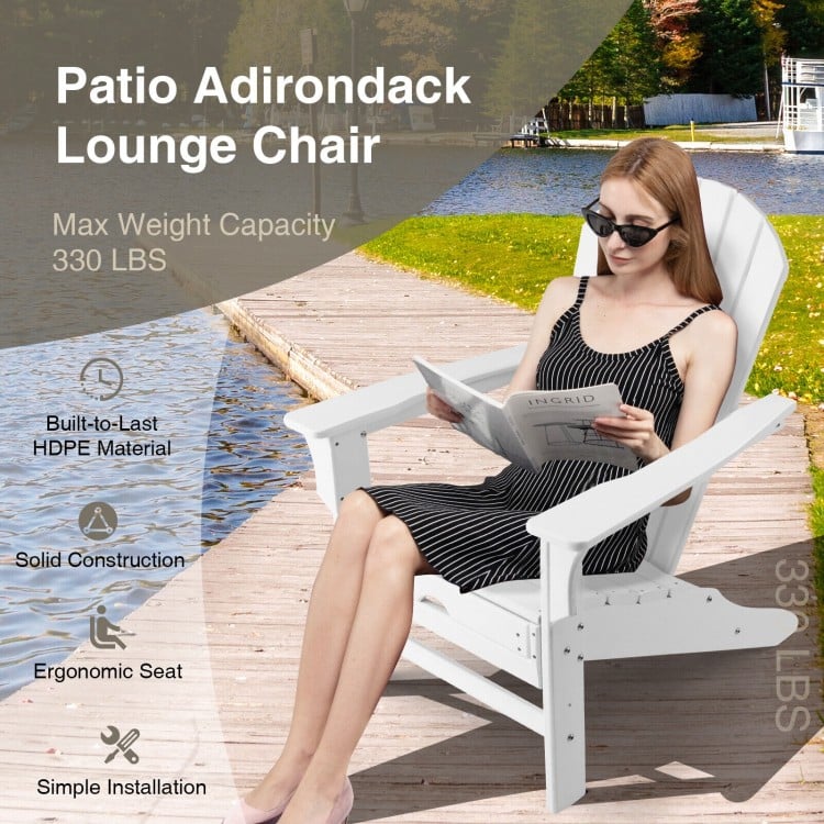 Patio HDPE Adirondack lounge chair in white with retractable ottoman, ergonomic design for outdoor relaxation.