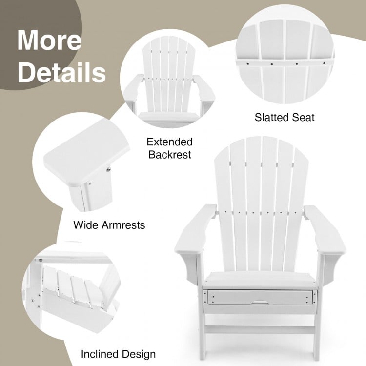 White HDPE Adirondack chair featuring a slatted seat, wide armrests, and an extended backrest for outdoor relaxation.
