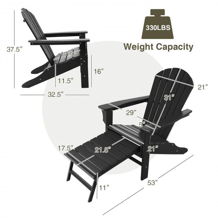 Black HDPE Adirondack chair with retractable ottoman, featuring ergonomic design and 330 lbs weight capacity for.