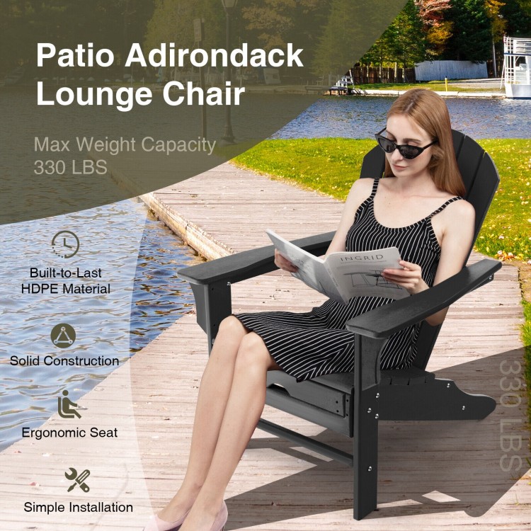 Patio HDPE Adirondack chair in black with retractable ottoman, ergonomic design, and weatherproof material for outdoor.