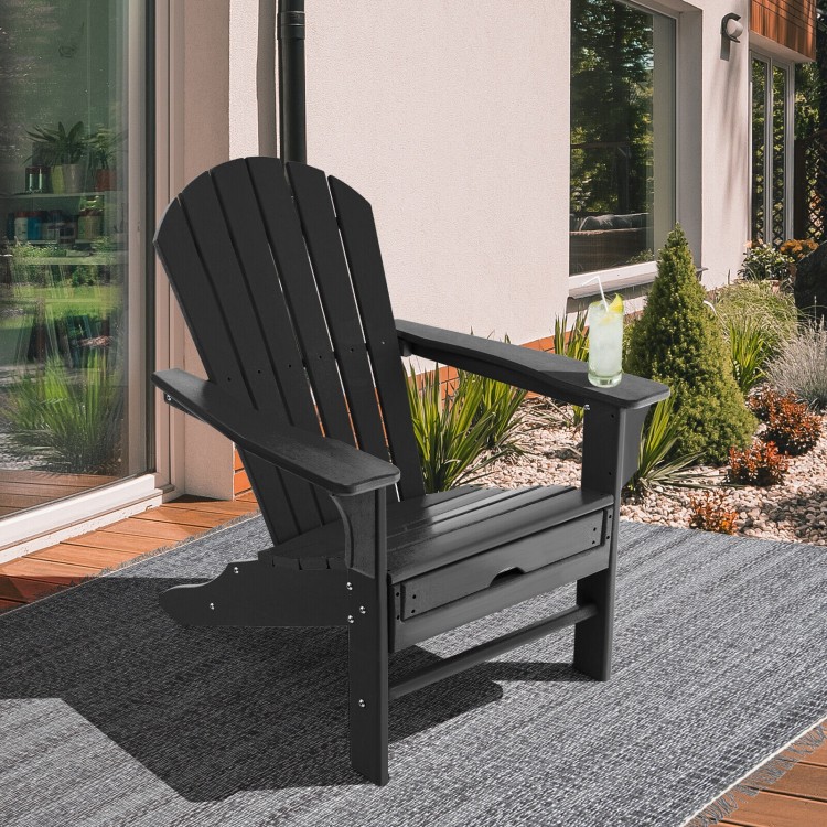 Black HDPE Adirondack chair with retractable ottoman, perfect for outdoor relaxation on the patio or garden.