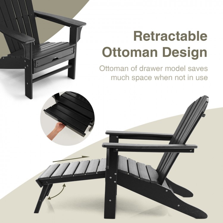 Patio HDPE Adirondack chair with retractable ottoman in black, designed for outdoor relaxation and easy maintenance.