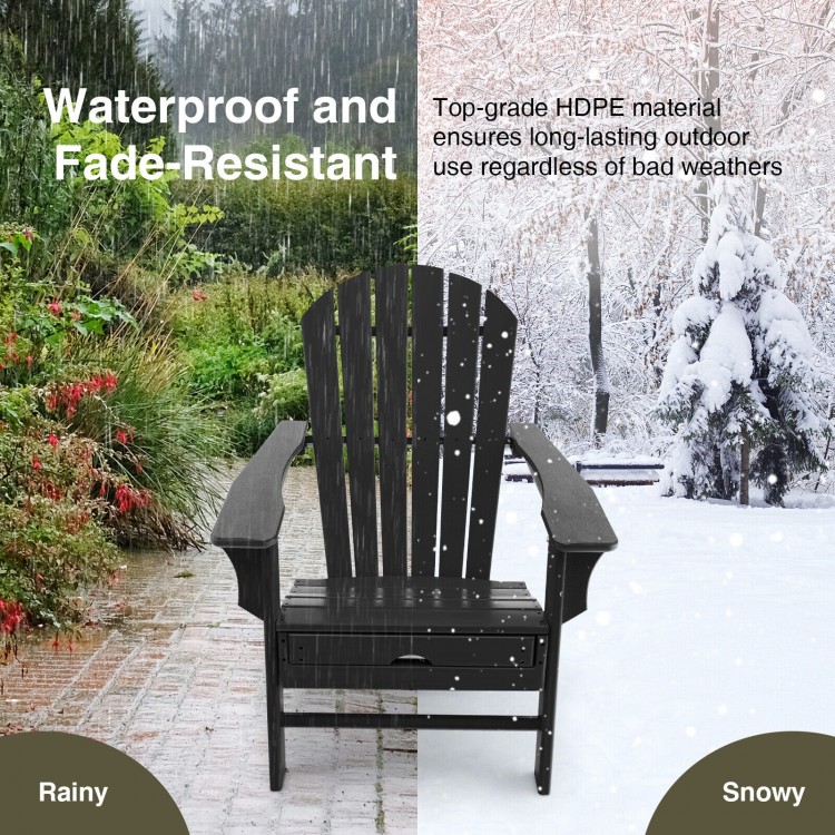 Black HDPE Adirondack chair with retractable ottoman, weatherproof design for outdoor relaxation in any season.