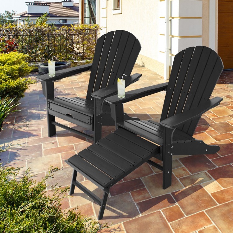 Black HDPE Adirondack chair with retractable ottoman, perfect for outdoor relaxation on the patio or poolside.