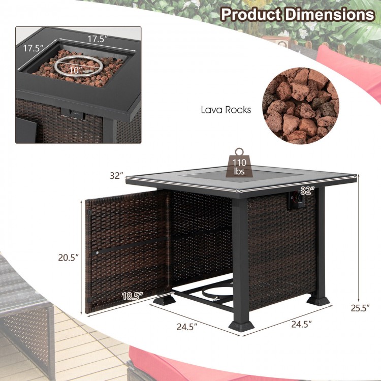 32-inch square propane fire pit table with lava rocks, rustproof steel frame, and waterproof cover for outdoor use.