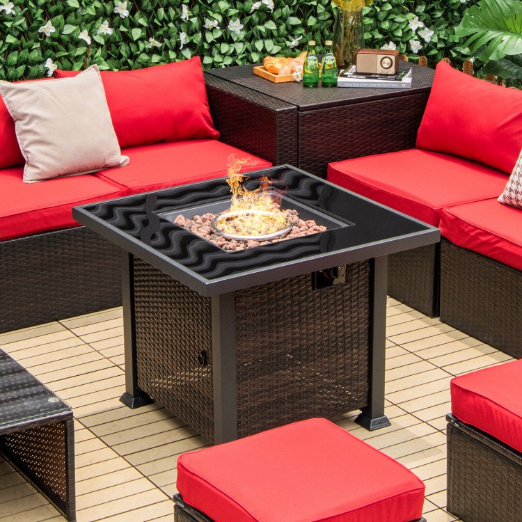 32-inch square propane fire pit table with lava rocks, rustproof steel frame, perfect for outdoor patio gatherings.