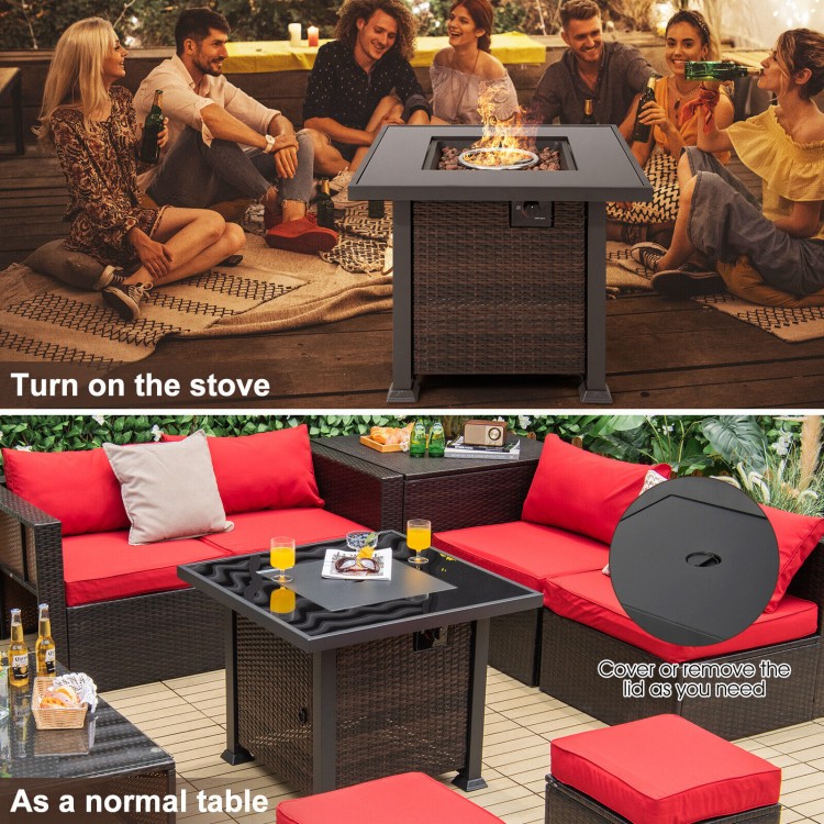 32-inch square propane fire pit table in brown with lava rocks, multifunctional for outdoor use as a table or fire pit.