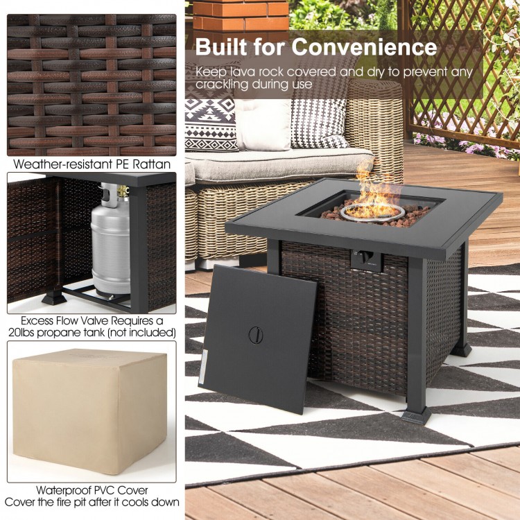 32-inch square propane fire pit table in brown with lava rocks cover, ideal for outdoor patios and gardens.