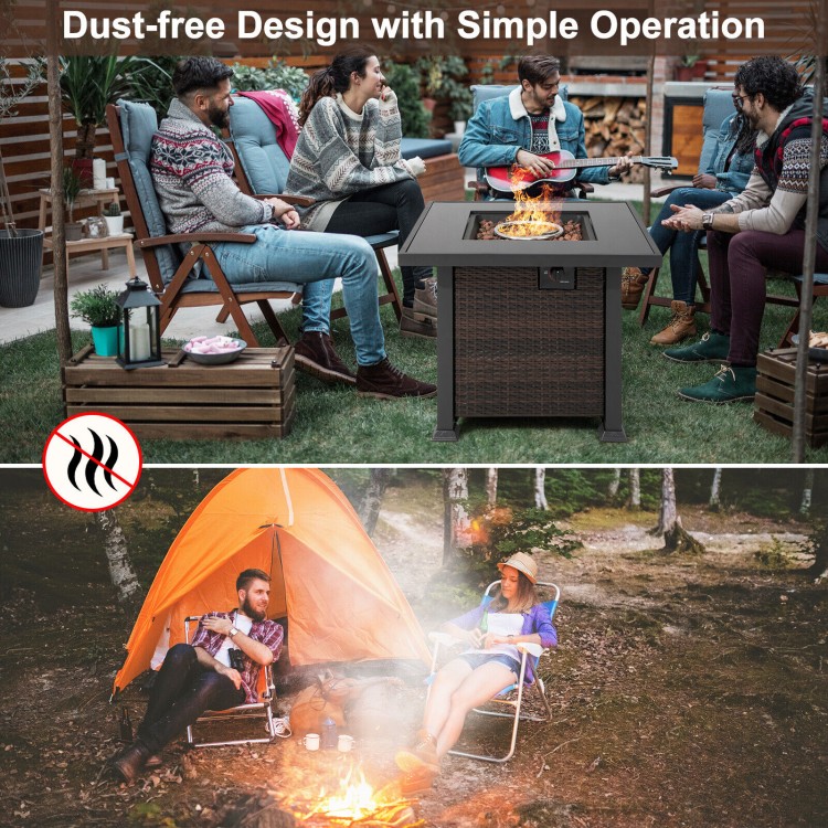 32-inch square propane fire pit table in brown with lava rocks cover, designed for outdoor use and easy operation.