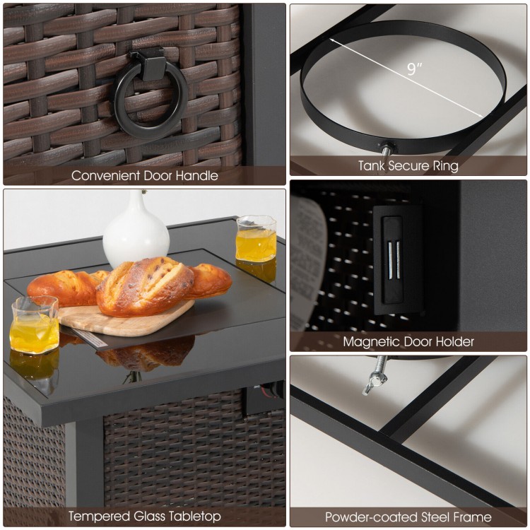 Close-up of the 32-inch square propane fire pit table's tempered glass tabletop and convenient door handle for easy.