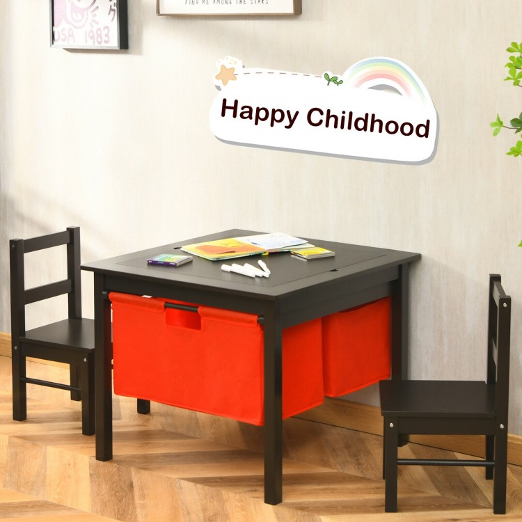 Kids activity table with storage drawers and two chairs in dark brown, perfect for playroom and creative activities.