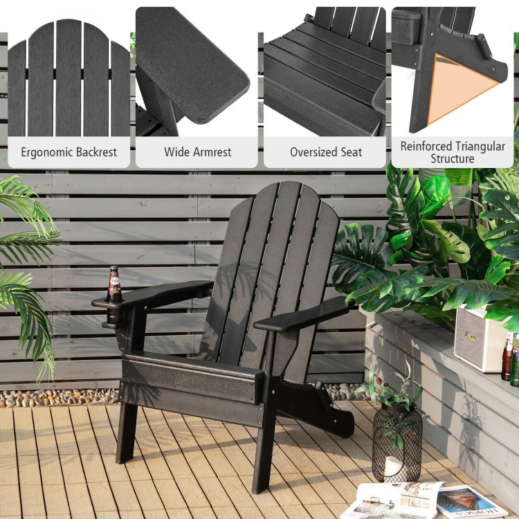Foldable black patio chair with ergonomic backrest, wide armrests, and built-in cup holder for outdoor relaxation.