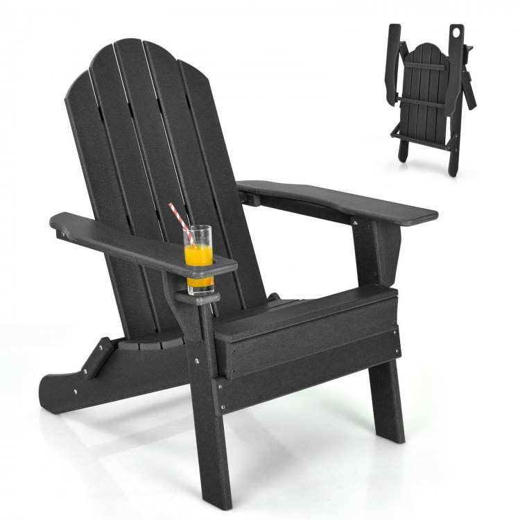 Foldable black patio chair with built-in cup holder, made from fade-resistant PE material, perfect for outdoor.