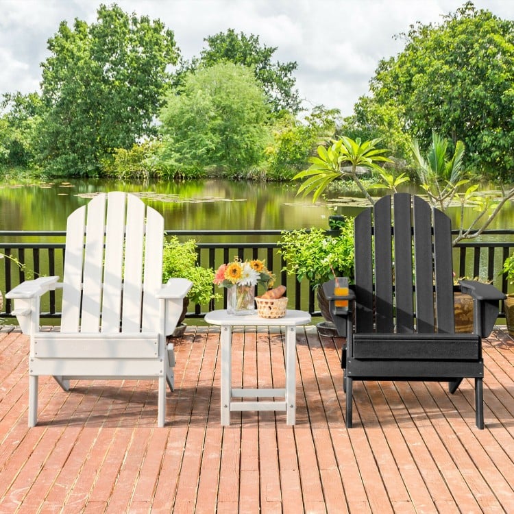 Foldable black patio chair with built-in cup holder, made of fade-resistant PE material, ideal for outdoor relaxation.