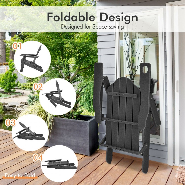 Foldable black patio chair with ergonomic backrest and built-in cup holder, perfect for space-saving outdoor use.