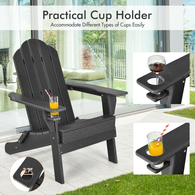Close-up view of the foldable black patio chair's built-in cup holder, crafted from durable fade-resistant PE material.