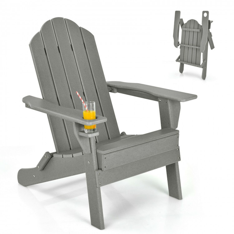 Foldable gray patio chair with built-in cup holder, made of weather-resistant PE material, perfect for outdoor.